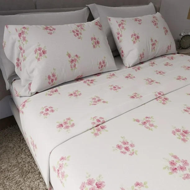 Color Sense 100% Cotton Super-Soft Flannel Sheet Set, Queen, Pink Floral | Walmart (CA)