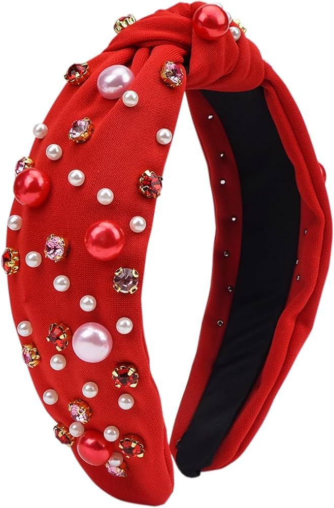 TULOBI Valentine's Day Headband for Women Pearl Knotted Headband Red Pink Pearl Rhinestone Crysta... | Amazon (US)