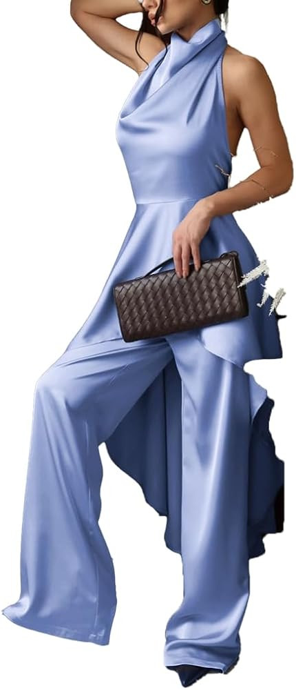 Wuitrie 2 Piece Sets for Women Satin Halter Cowl Neck Asymmetrical Hem Top Wide Leg Pants Elegant... | Amazon (US)