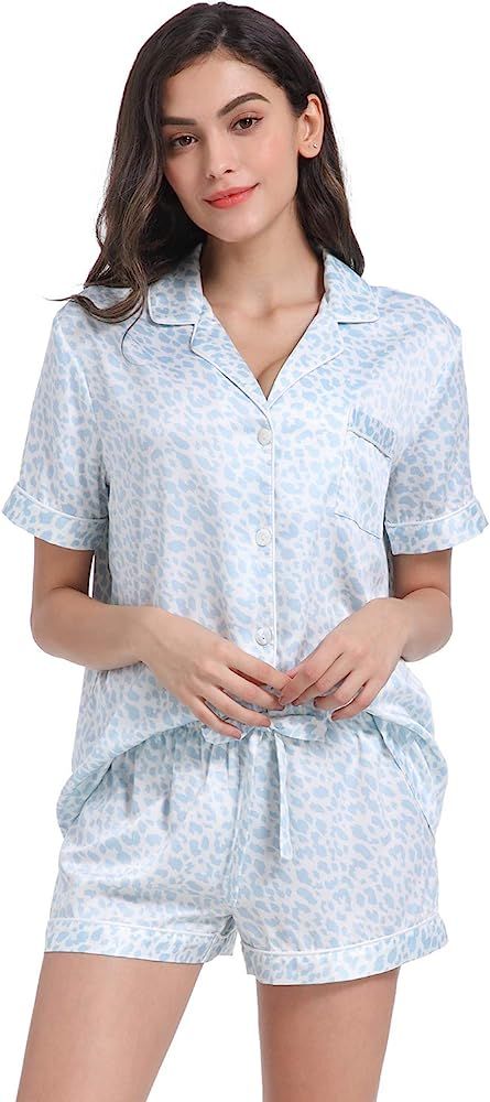 Serenedelicacy Women's Satin Pajama Set 2-Piece Sleepwear Loungewear Button Down Short Sleeve PJ Set | Amazon (US)