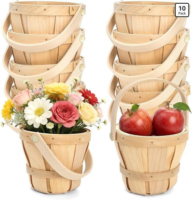 10 Pack Small Wooden Gift Basket, 4 x 4.7 Inch Round Woven Fruit Baskets Bulk, Mini Picnic Basket... | Amazon (US)