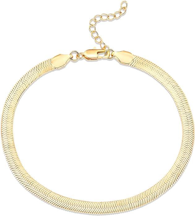 PAVOI 14K Gold Plated Charm Link Flat Gold Anklets for Women | Amazon (US)