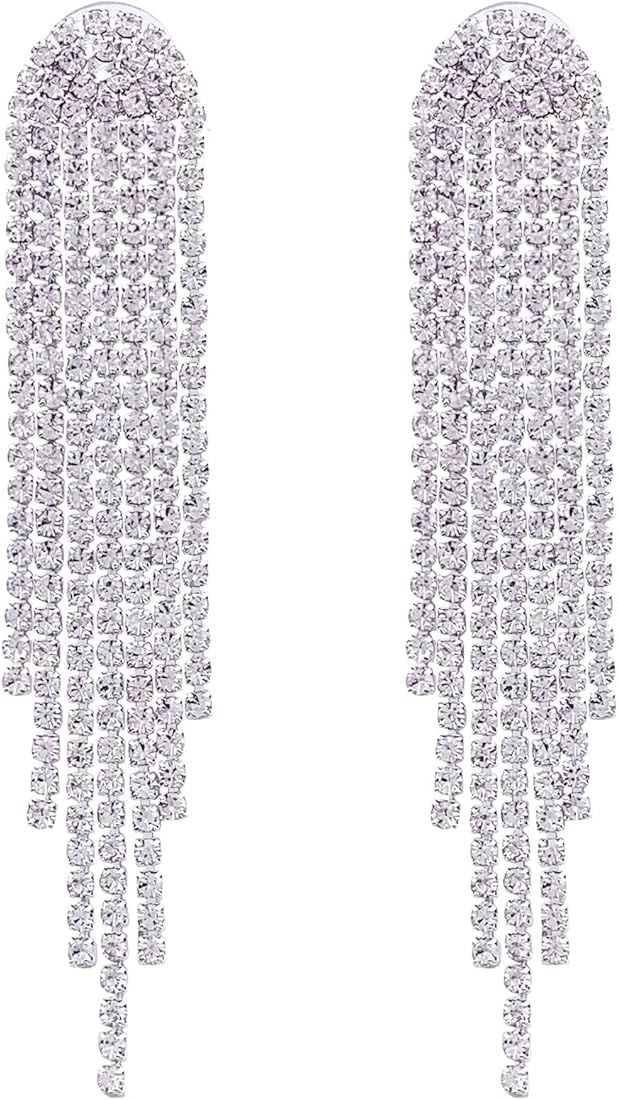SELOVO Clear Rhinestone Crystal Boho Tassel Long Sparkle Dangle Earrings 2.8"/3.3" | Amazon (US)
