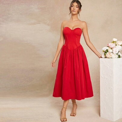 Fall Women Outfits,Women's Red Solid Color Elegant Pleated Strapless Long Dress, Prom Droess, Homwecoming Dresses, Wedding Dress, Party Women Dresses. | SHEIN
