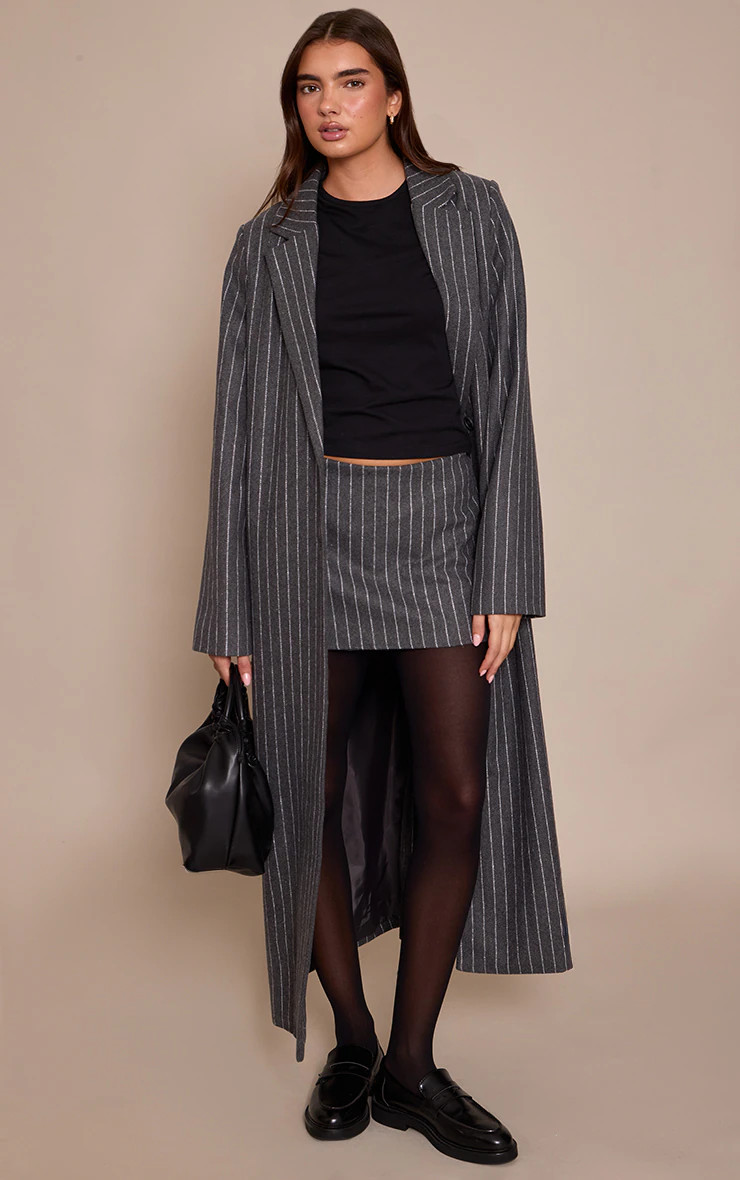 Grey Pinstripe Wool Look Coat | PrettyLittleThing UK