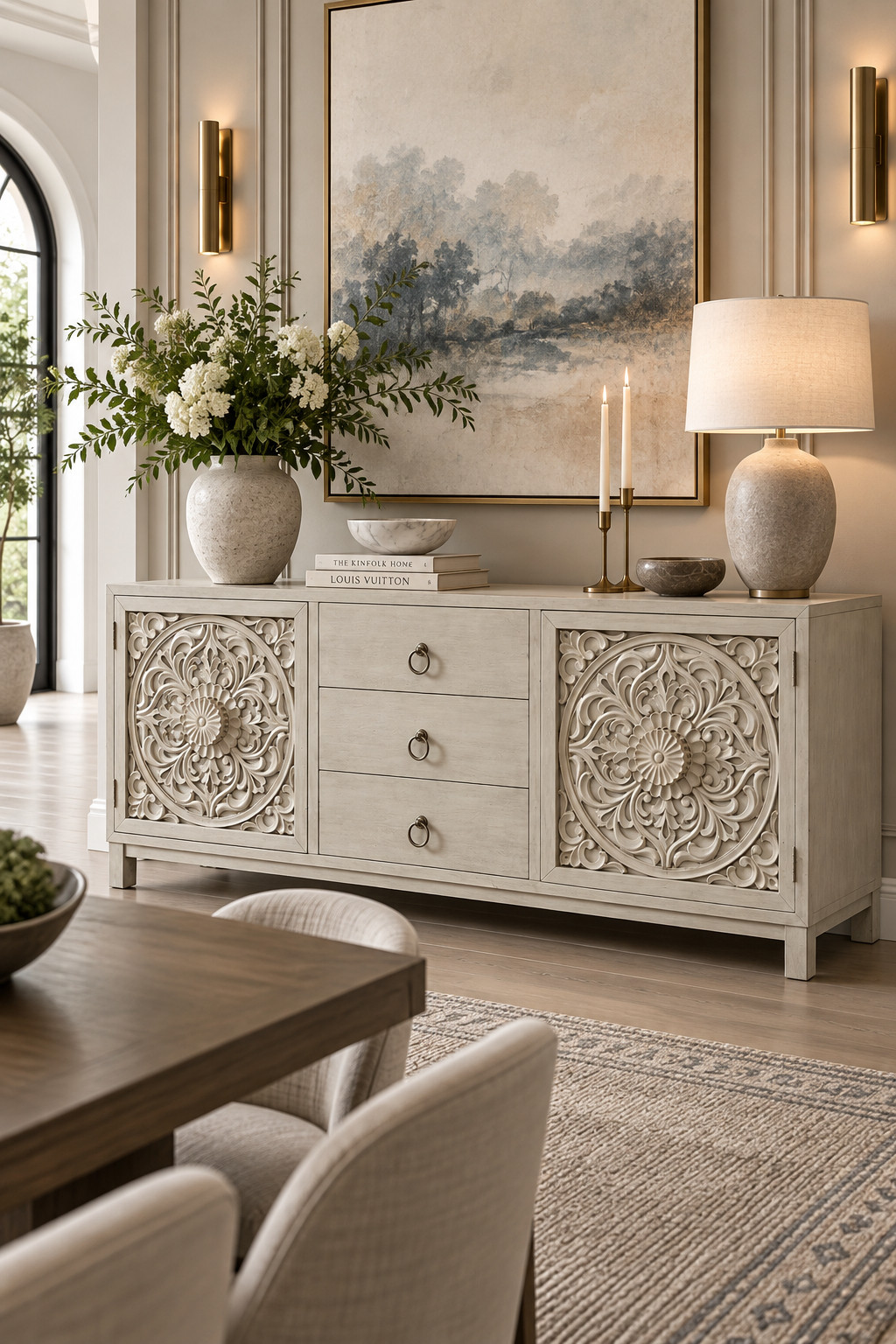 The carved floral doors on this sideboard are absolutely gorgeous 🤍 Such a beautiful way to add texture and character to a light neutral dining room while still getting practical drawers and cabinet storage. This one has such an elevated global-inspired feel. Wayfair Warehouse Sale deals are up to 60% off! #CarvedSideboard #WayfairSale #WhiteSideboard #BohoHomeDecor #DiningRoomStorage #StatementFurniture #BuffetCabinet 

 #LTKSeasonal #LTKHome #LTKSaleAlert