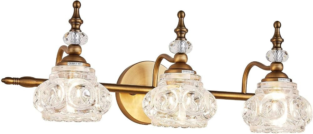 Vintage Bathroom Vanity Light Fixture, 3 Lights Bathroom Lighting Matte Brushed Antique Brass Fin... | Amazon (US)