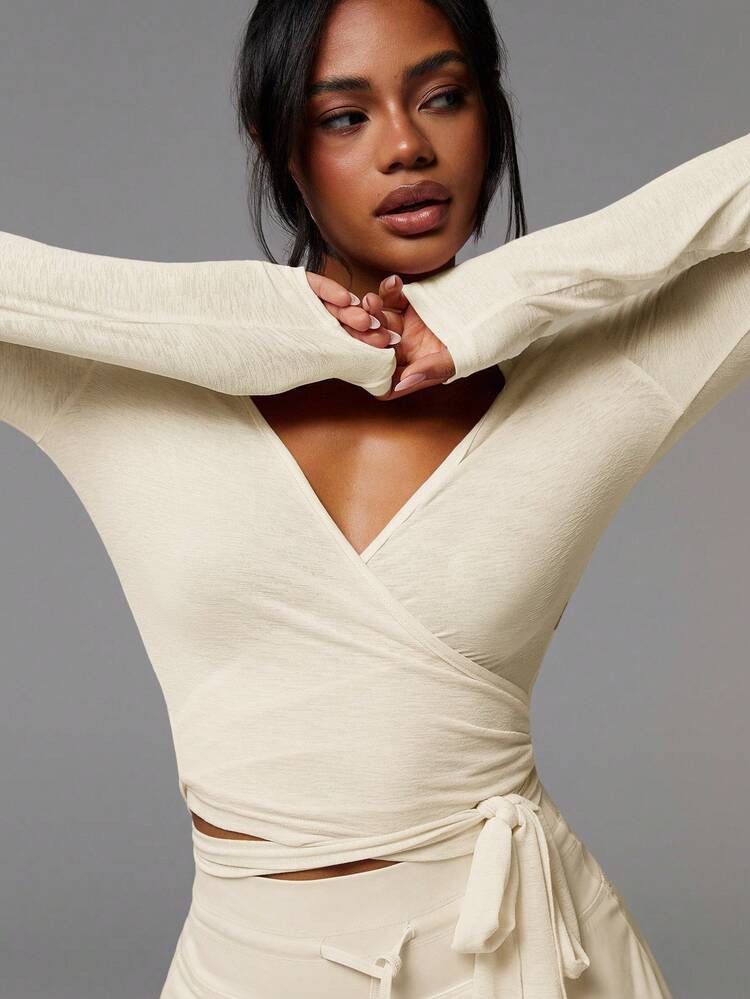 Athîral 1pc Women's Solid Color Wrap Around Long Sleeve Casual Comfortable Blouse | SHEIN