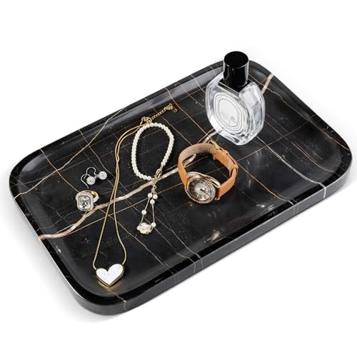 Koville Marble Vanity Tray, 12"x8" Marble Organizer Tray for Countertop Bathroom Kitchen Dresser, Rectangular Decorative Jewelry Dish for Cosmetics Perfume Trinket(Black) | Amazon (US)
