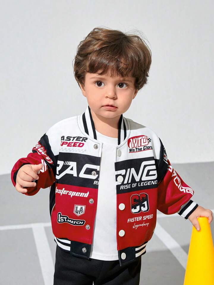 SHEIN Baby Boy/Girl Casual Cool Letter & Number Graphic Open Front Long Sleeve Knit Bomber Jacket, Thick For Fall/Winter Indoor & Outdoor Wear | SHEIN