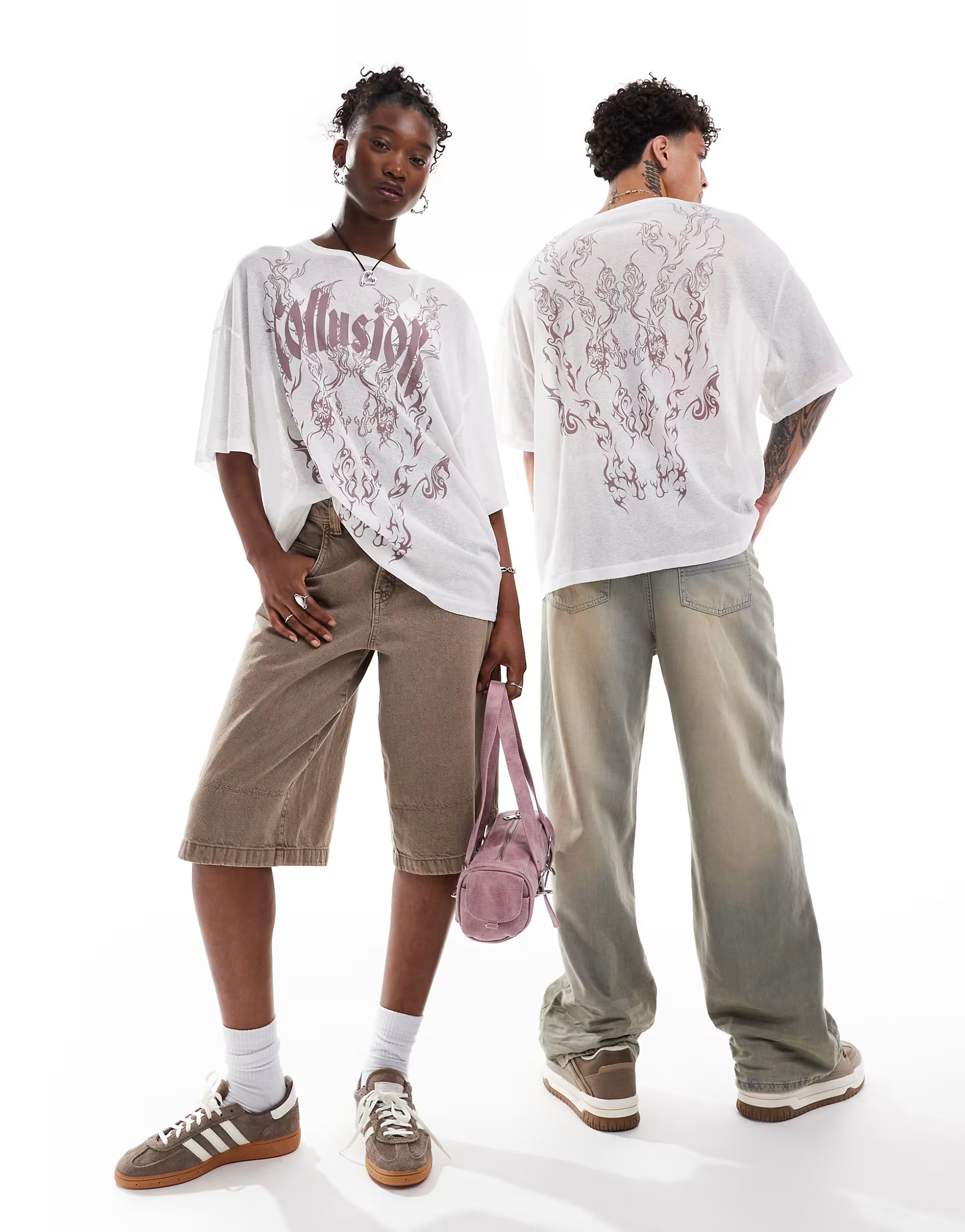COLLUSION Unisex mesh oversized t-shirt in white with pink print | ASOS (Global)