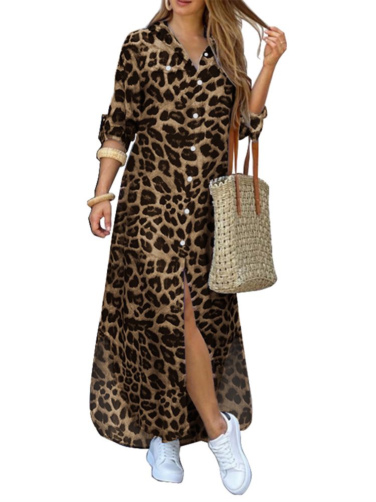ZANZEA Women's Retro Leopard Print Dress Half Sleeve Shirt Collar Dress | Walmart (US)