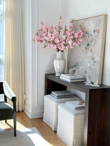 Console table styling, cherry blossom stems, house of Blum, Alice lane home, ottoman, studio McGee, abstract wall art, Target 

#LTKhome