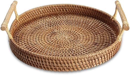 YIWEN Rattan Woven Round Basket, Round Rattan Woven Serving Tray with Handles for Bread Fruit Veg... | Amazon (US)