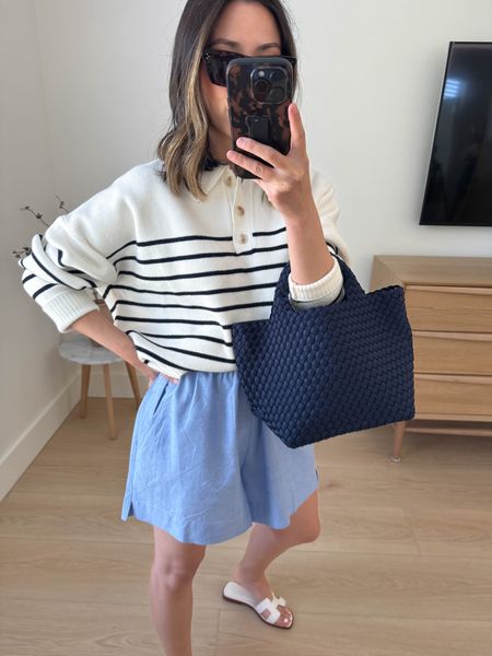 The perfect stripe polo sweater. Obsessed with this piece! Go tts. Has an oversized fit. @nordstrom #ad #nordstrompartner

Mango sweater small. But exchanged for the xs
French Connection shorts small. Need the xs
Naghedi mini tote 