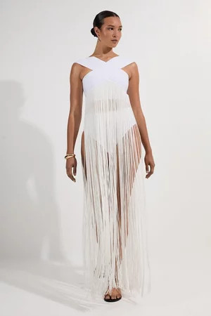 Bandage V Neck Cut Out Fringed Bikini Top | Karen Millen US