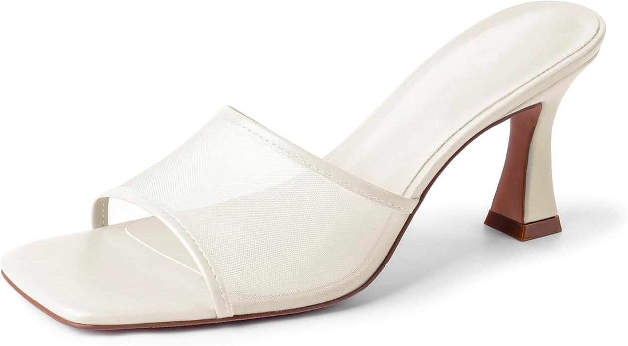 Mesh Mule Heels for Women Kitten Heel Sandals Open Square Toe Heeled Sandals Slip On Mules | Amazon (US)