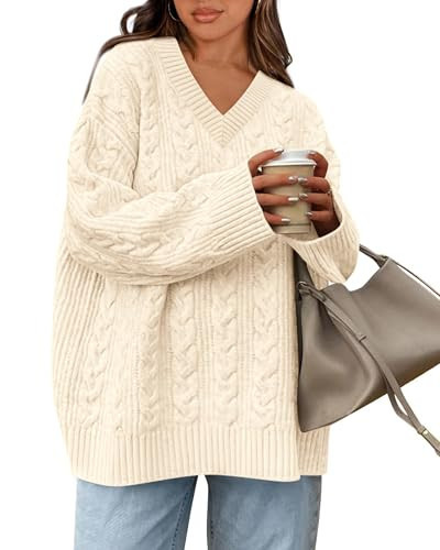 Okiwam Women's Oversized Sweaters Fall 2025 Long Sleeve V Neck Cable Knit Pullover Tops Chunky Trendy Outfits-M Beige | Amazon (US)