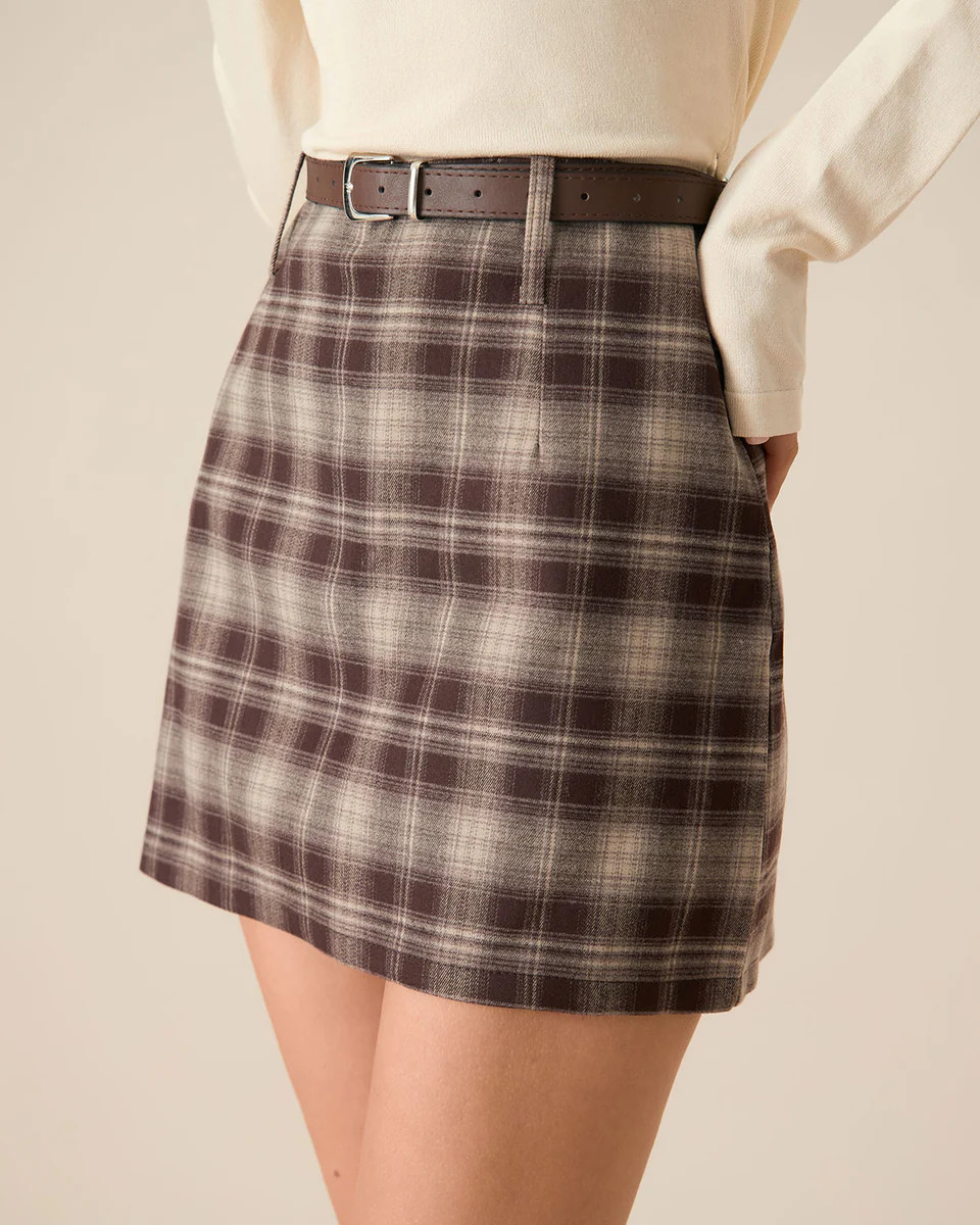 Brown Plaid Straight Mini Skirt | rihoas.com
