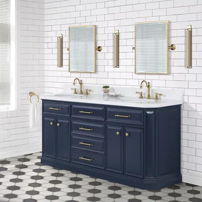 Bruning 72" Carrara Quartz Countertop Bath Vanity in Monarch Blue with Mirror | Wayfair North America