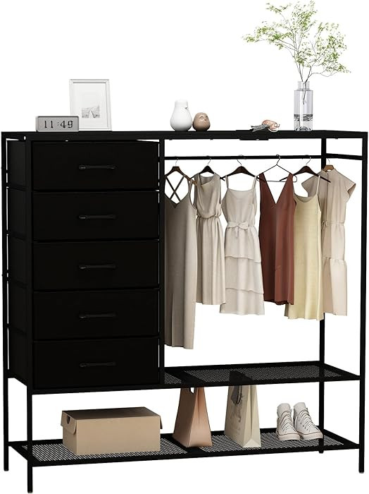 Azaeahom Dresser with Hanging Rack, Black Dresser for Bedroom, Chests of Drawers for Closet, 5 Fa... | Amazon (US)