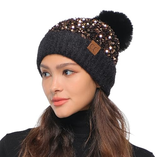 C.C Sequin Pom Beanie for Women - Acrylic Stretchable Soft Warm Knit Winter Skully Hat with Yarn ... | Amazon (US)