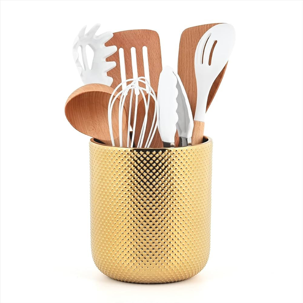 Ceramic Utensil Holder for Kitchen Counter, Gold Utensil Holder for Countertop, 5.1 W x 6.6 H inc... | Amazon (US)