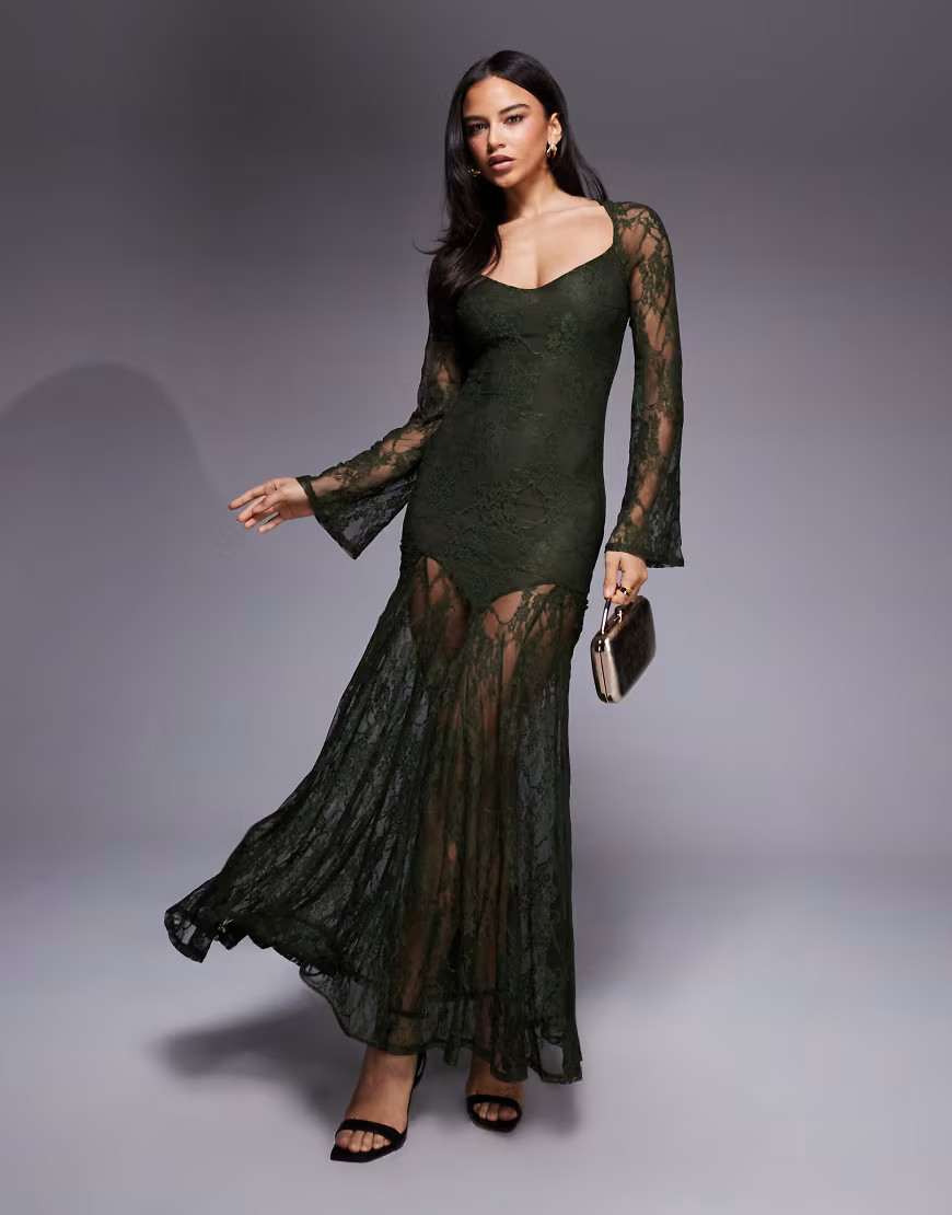 ASOS DESIGN lace long sleeve dropped waist maxi dress in green | ASOS (Global)