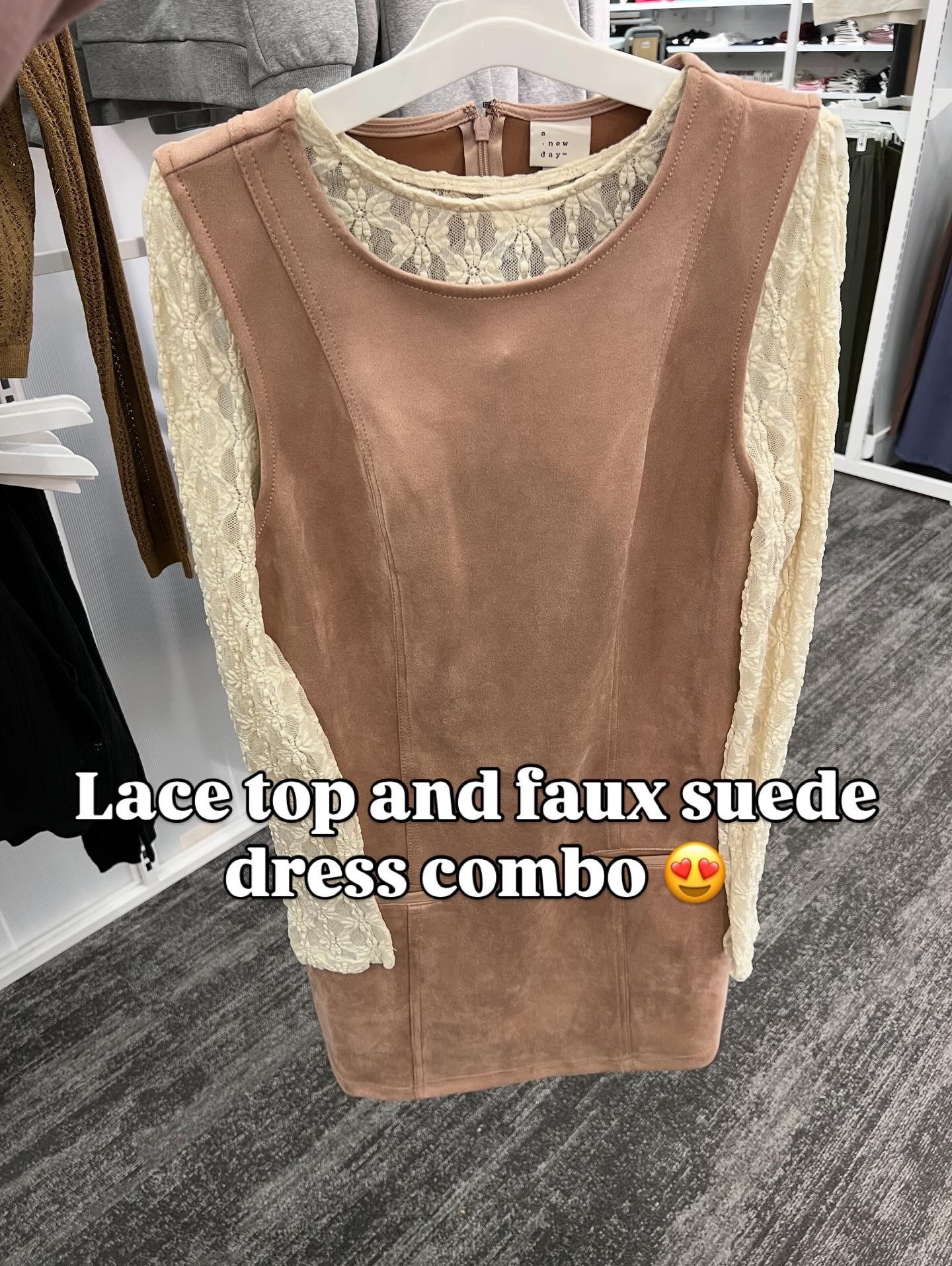 Target outfit idea with this faux suede jumper dress and lace long sleeve tee (also comes in black). #targetstyle date night holiday party Thanksgiving 

#LTKStyleTip #LTKFindsUnder100 #LTKFindsUnder50