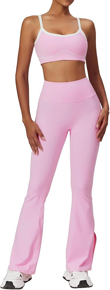 ABOCIW Workout Sets for Women 2 Piece Contrast Piping Sports Bra High Wasit Split hem Flared Legg... | Amazon (US)