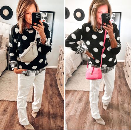 Mix patterns, Walmart polka dot sweater styled with gingham shirt, wrangler bootcut pants, The Drop sling bag or add color with a pop of hot pink for Valentines Day

Walmart fashion, Walmart finds, Amazon Fashion amazon finds, workwear, work outfit, business casual, trendy, sale, fashion over 40

#LTKsalealert #LTKstyletip #LTKunder50