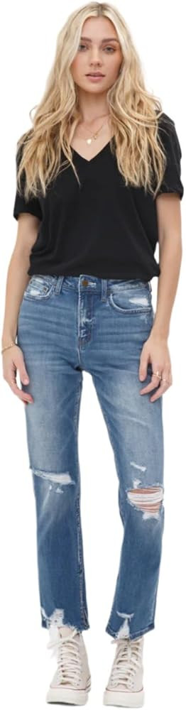 Mica Denim - High Rise Under The Table Distressed Straight Jeans (28" Inseam) - MDP-T248 - Includ... | Amazon (US)