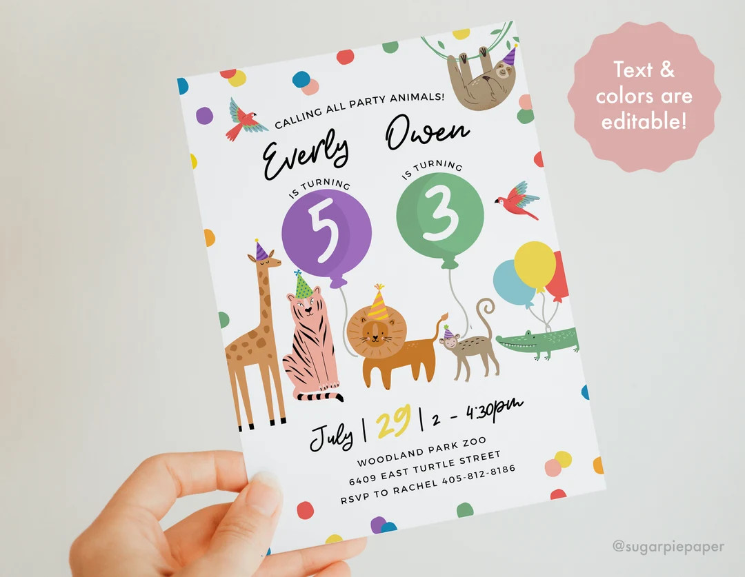 Double Birthday Party Invitation, Zoo Animal Birthday Invitation, Jungle Animal Party, Sloth Birt... | Etsy (US)