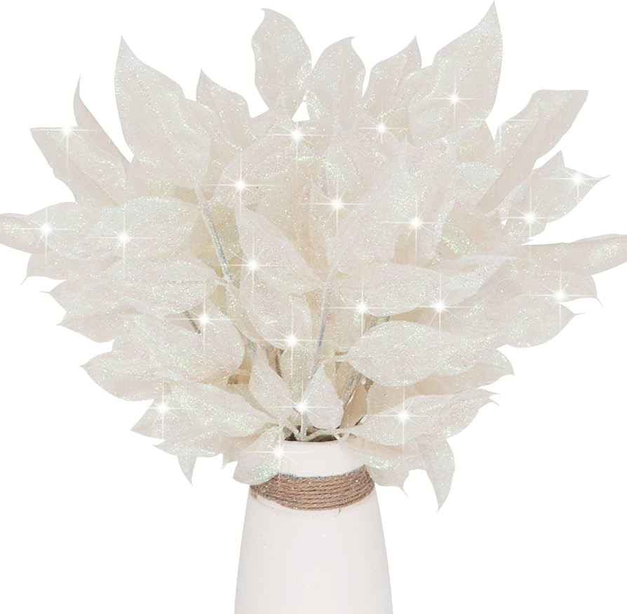 12Pcs Glitter Leaf Sprays Christmas Tree Picks Ornaments 14" Fake Plants Sparkling Artificial Bra... | Amazon (US)