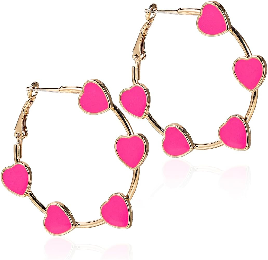Hot Pink Earrings for Women Heart Hoop Earrings Silver Color Hypoallergenic Y2k Cute Hoop Valenti... | Amazon (US)