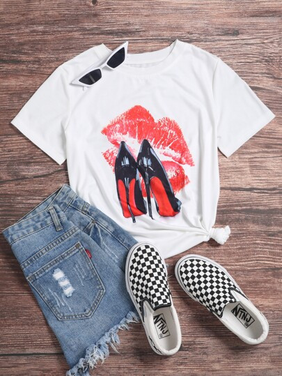 High Heel Print Short Sleeve Tee | SHEIN