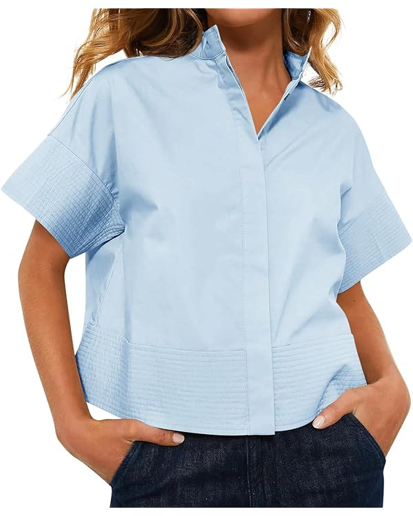 Cicy Bell Womens Cropped Short Sleeve Button Down Shirts Pleated Summer Dressy Casual Blouse Stan... | Amazon (US)