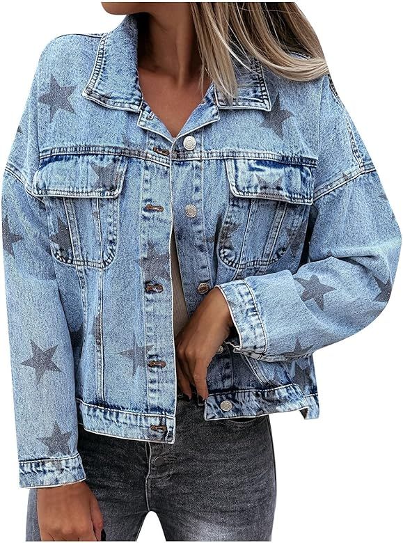 SKDOGDT Women Crop Star Prints Washed Pocket Jean Jacket Fashion Long Sleeve Lapel Button Down Denim | Amazon (US)