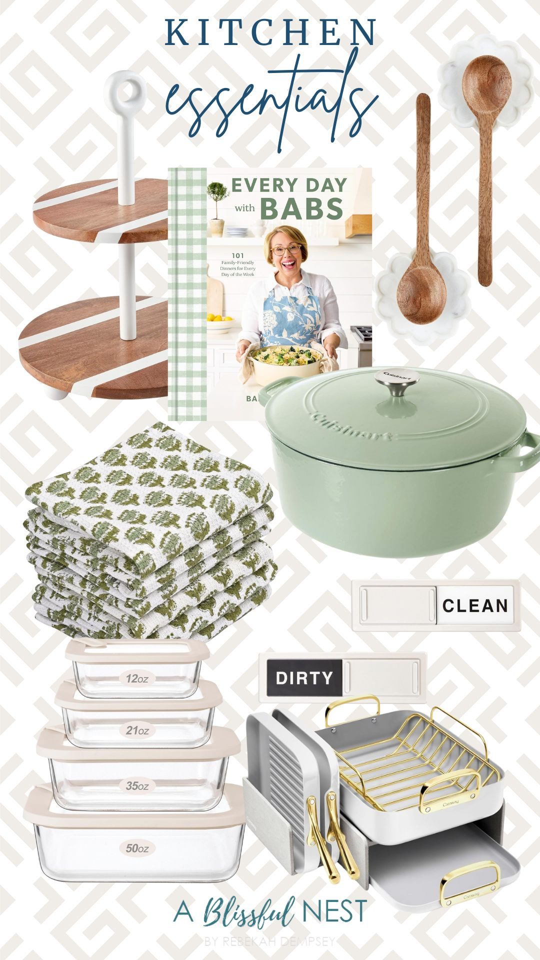 Practical Amazon finds that actually earn their counter space. See my picks.
cookbook, scalloped spoon rest and wooden spoon, emerald green hand block printed towel, Mud Pie wood strap tiered server, Cuisinart chef's classic enameled cast, glass food storage containers, dishwasher magnet, Caraway square cookware set. 

 #LTKHome
