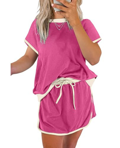 SELINK Lounge Sets for Women 2 Piece Skirt Colorblock Drop Shoulder T Shirt and Skort Set Summer Tracksuits Rose-XL | Amazon (US)