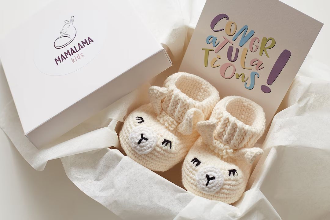 Unique pregnancy gift box for mom to be Cute animal llama booties New mom baby shower gift Newbor... | Etsy (US)