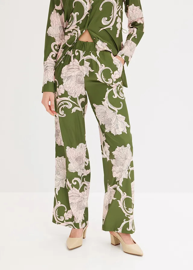 Palazzo broek van soepelvallend satijn groen gebloemd | Bonprix NL (Influencer)