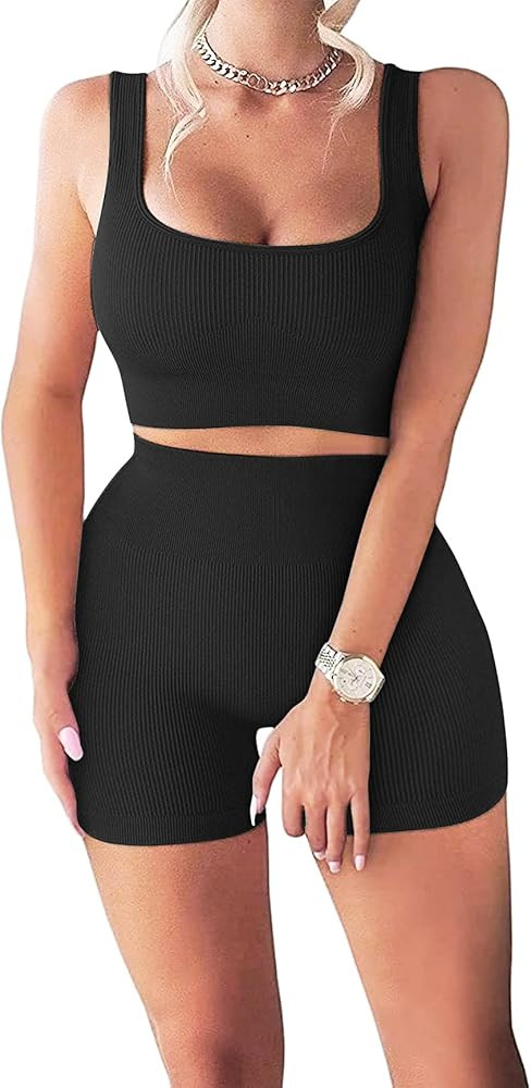 WANLISS Summer Workout Sets for Women 2 Piece Seamless Ribbed Crop Tank High Waist Shorts Casual ... | Amazon (US)