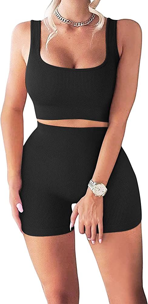 Summer Workout Sets for Women 2 Piece Seamless Ribbed Crop Tank High Waist Shorts Casual Yoga Outfit | Amazon (US)