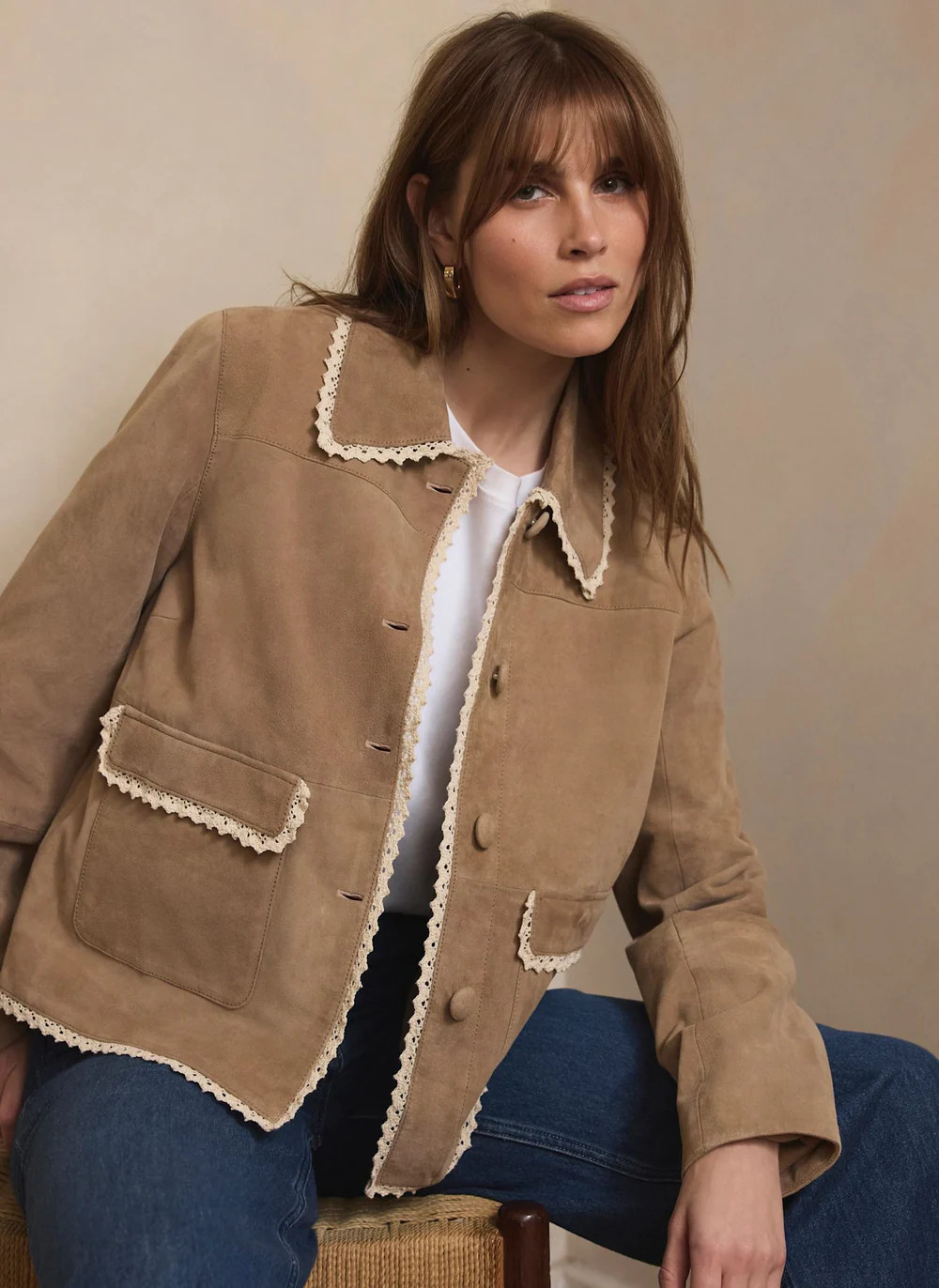 Neutral Suede Crochet Trim Jacket | Mint Velvet