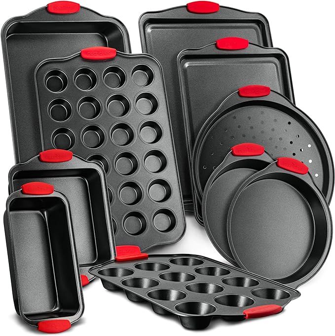 Nutrichef w/Heat Red Silicone Handles, Oven Safe, 10 Piece Set, Cookie Sheet | Amazon (US)