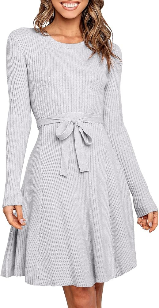ANRABESS Women's Long Sleeve Midi Dress Crewneck Tie Waist A-Line Swing Casual Bodycon Ribbed Kni... | Amazon (US)
