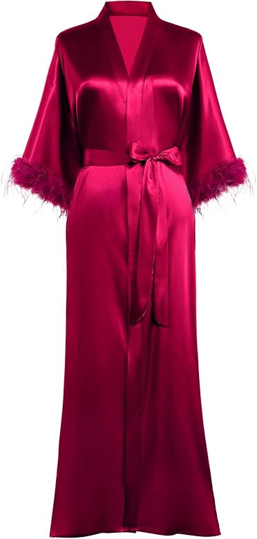 PRODESIGN Satin Kimono Robe Long Silky Bath Robe with Ostrich Feather Trim Sleepwear Wedding Brid... | Amazon (US)
