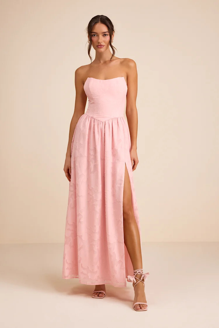 Kalila Light Pink Floral Burnout Strapless Maxi Dress | Lulus
