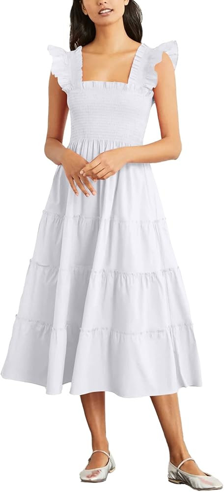 Rooscier Women's Square Neck Smocked Ruffle Sleeveless Tiered A Line Sundress Midi Dress | Amazon (US)